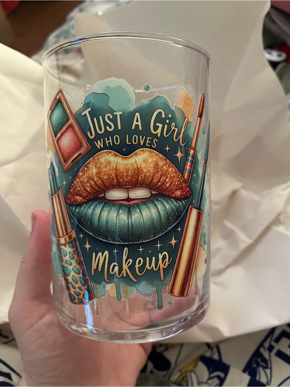 Makeup Lovers Brush Glass Organizer - Teal and Gold Lip Art
